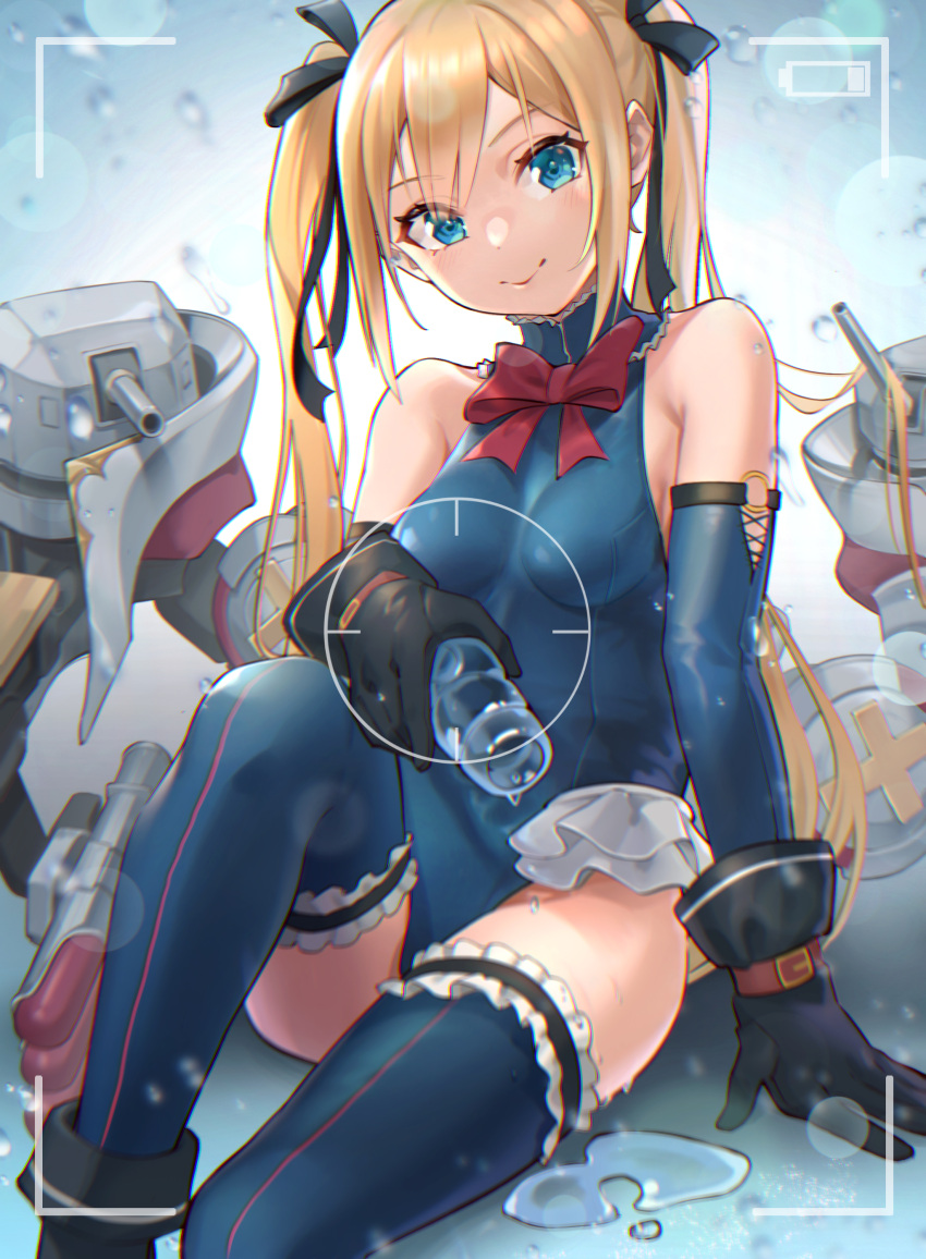 1girl absurdres azur_lane bangs bare_shoulders black_footwear black_gloves black_ribbon blonde_hair blue_eyes blue_legwear blue_leotard bow bowtie breasts dead_or_alive dead_or_alive_5 detached_sleeves eyebrows_visible_through_hair eyes_visible_through_hair fake_screenshot gloves hair_ribbon highres joeychen knee_up leotard long_hair long_sleeves looking_at_viewer marie_rose medium_breasts offering puddle red_bow ribbon sitting smile solo thigh-highs thighs twintails weapon