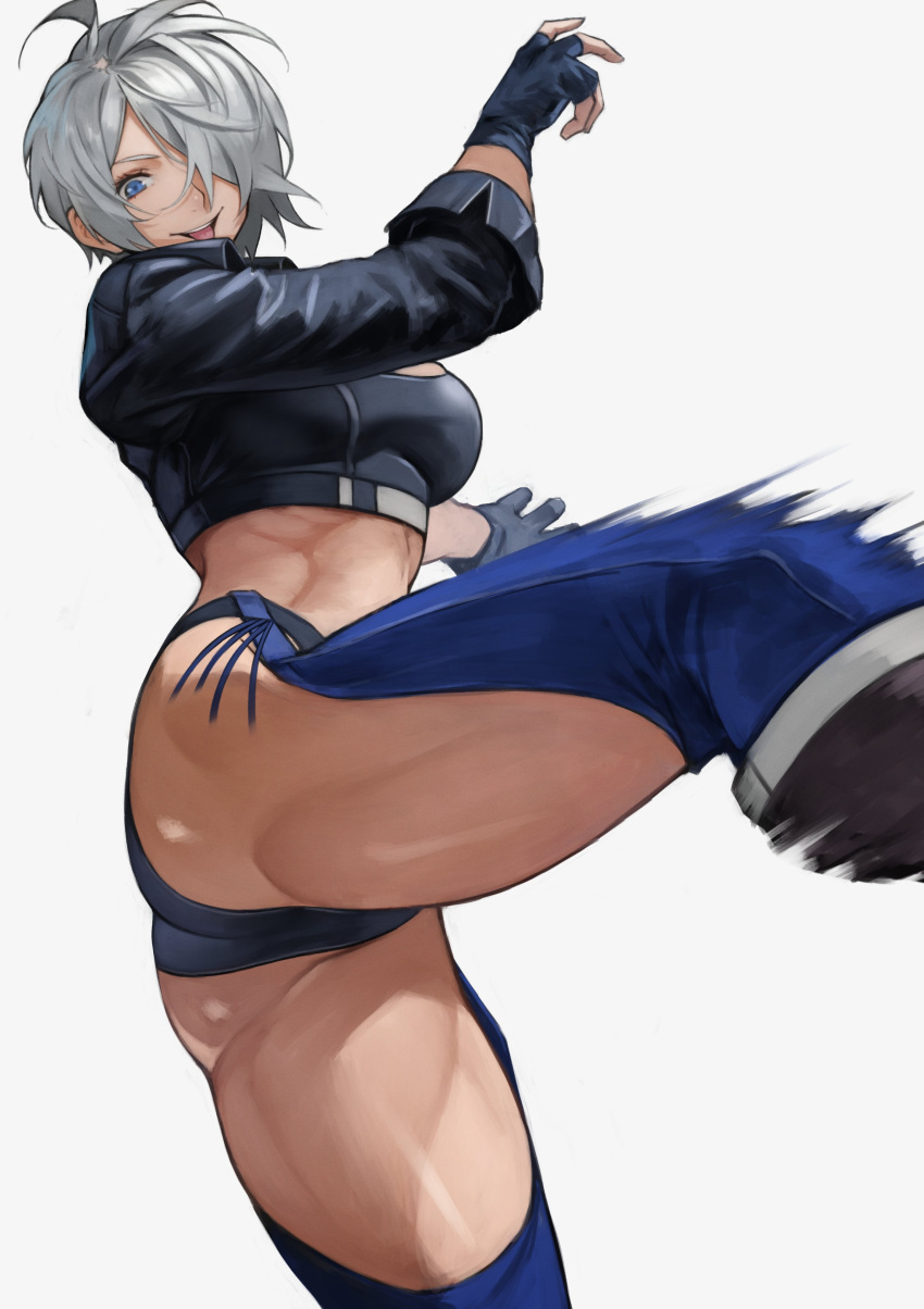 1girl absurdres ahoge angel_(kof) ass bangs black_panties blue_eyes boots breasts chaps commentary_request hair_over_one_eye highres jacket large_breasts messy_hair panties parted_bangs short_hair solo the_king_of_fighters thick_thighs thighs underwear white_hair yoshio_(55level)