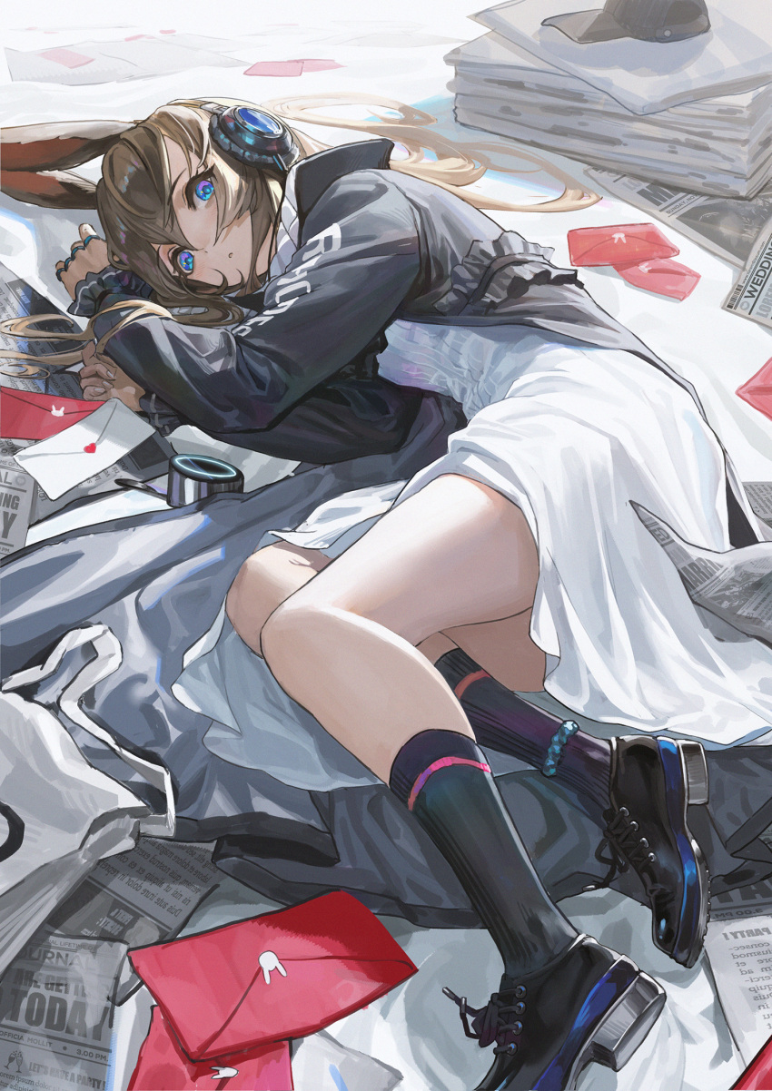 1girl amiya_(arknights) amiya_(newsgirl)_(arknights) animal_ears arknights bangs black_coat black_footwear black_legwear blue_eyes brown_hair bunny_girl clothes_writing coat dress envelope eyebrows_visible_through_hair headphones heart highres jewelry kneehighs long_sleeves looking_at_viewer love_letter lying newspaper on_side open_clothes open_coat parted_lips rabbit_ears ring shoes solo ttk_(kirinottk) white_dress