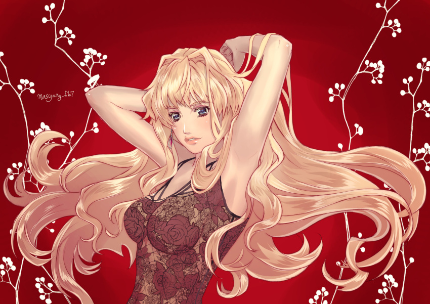 1girl arm_behind_head armpits artist_name blonde_hair blue_eyes breasts floating_hair highres light_blush long_hair looking_at_viewer macross macross_frontier medium_breasts parted_lips red_background ryu_(masu_nantoka-san) sheryl_nome skin_tight solo thick_lips