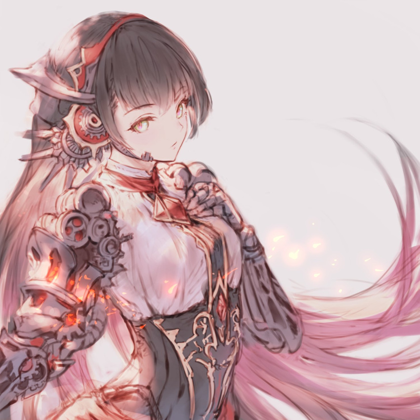 1girl android armor bangs black_hair breasts closed_mouth dress eyebrows_visible_through_hair gears gem hair_ornament highres joints long_hair looking_at_viewer mono_garnet_rebel n.a. red_eyes robot_joints shadowverse solo