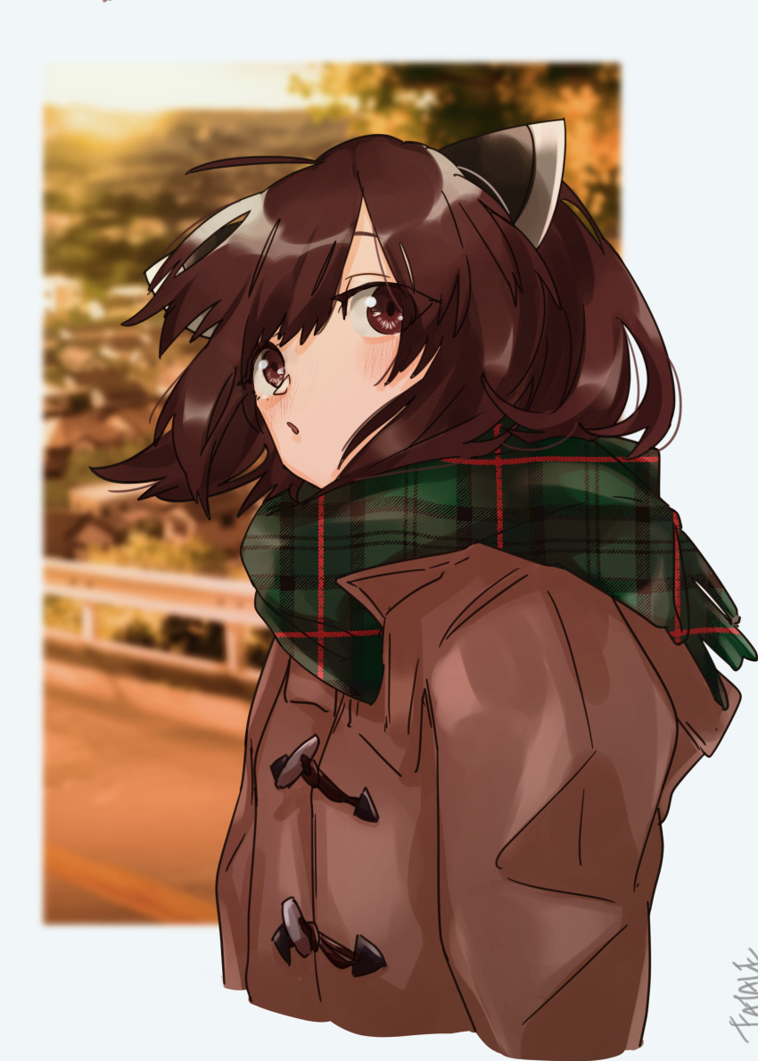 1girl absurdres blurry blurry_background brown_coat brown_eyes brown_hair coat cropped_torso f_a_t_a_l_e headgear highres looking_at_viewer plaid plaid_scarf road scarf short_hair solo touhoku_kiritan upper_body voiceroid