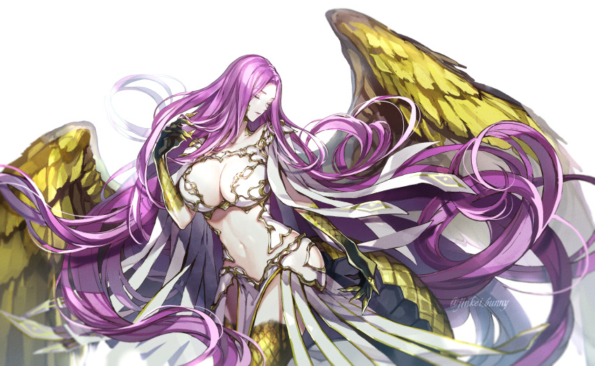 1girl breasts bustier claws cleavage_cutout closed_eyes clothing_cutout fate/grand_order fate_(series) gorgon gorgon_(fate) highres huge_breasts koshika_rina long_hair monster_girl navel pelvic_curtain purple_hair scales simple_background snake snake_tail tail very_long_hair wings