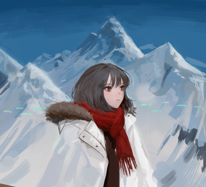 1girl absurdres blue_sky brown_shirt closed_mouth coat day enpera grey_eyes grey_hair highres hood hood_down hooded_coat medium_hair mountain original outdoors oyabuli red_scarf scarf shirt sky snow solo upper_body white_coat white_theme winter_clothes
