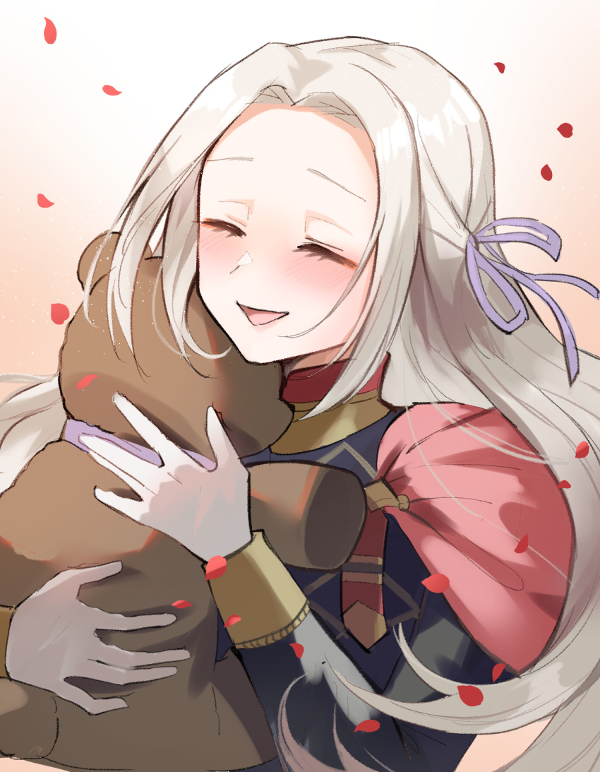 1girl :d bangs black_shirt blush brown_background cape closed_eyes commentary_request cute edelgard_von_hresvelg facing_viewer fire_emblem fire_emblem:_three_houses fire_emblem:_three_houses fire_emblem_16 forehead gradient gradient_background hair_ribbon highres intelligent_systems long_hair long_sleeves moe nintendo object_hug open_mouth parted_bangs petals purple_ribbon qi'e_(penguin) red_cape ribbon shirt silver_hair smile solo stuffed_animal stuffed_toy teddy_bear upper_body white_background
