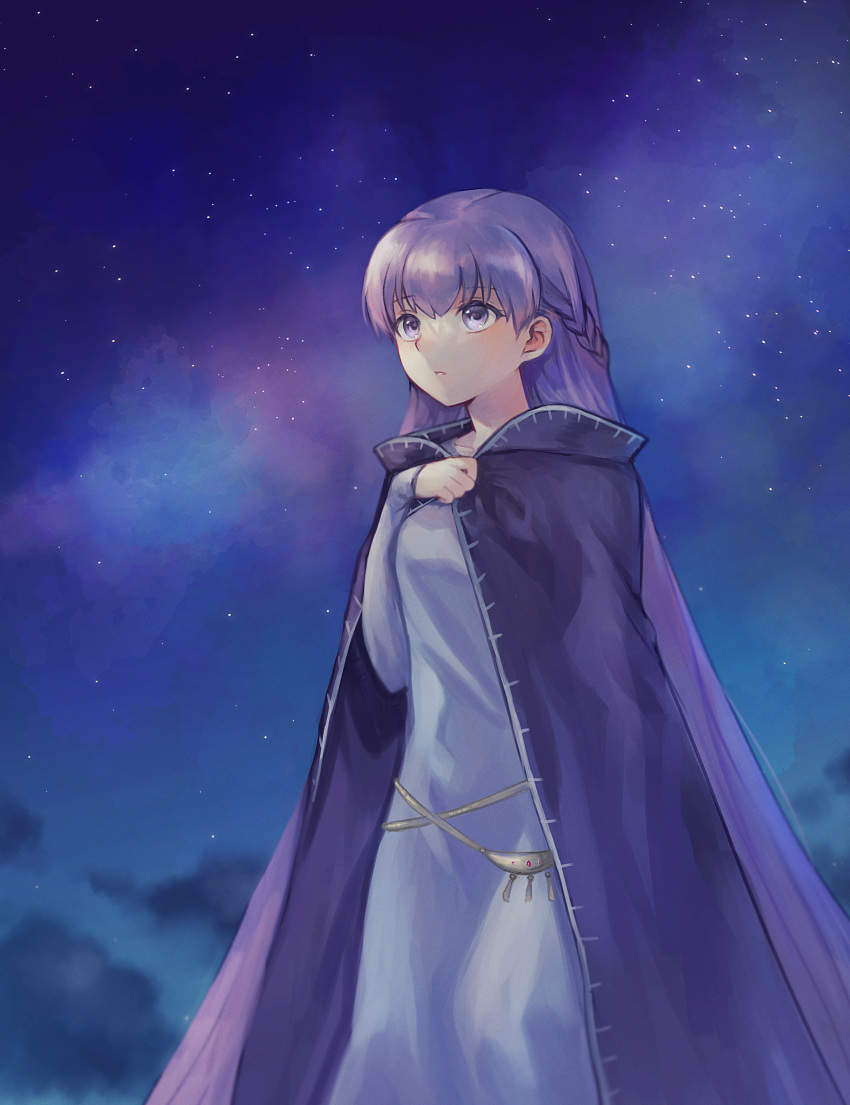 1girl absurdly_long_hair absurdres belly_chain blue_dress cloak clouds cloudy_sky dress fire_emblem fire_emblem:_the_binding_blade highres huge_filesize jewelry lavender_dress long_hair long_sleeves looking_up mesz410 nebula night night_sky outdoors purple_cloak purple_hair sky solo sophia_(fire_emblem) star_(sky) starry_sky very_long_hair violet_eyes