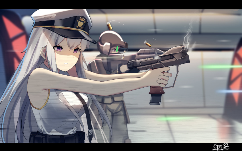 1boy 1girl absurdres azur_lane bare_arms bare_shoulders belt belt_pouch black_neckwear breasts clenched_teeth commentary commission crossover dot_nose energy_gun english_commentary enterprise_(azur_lane) finger_on_trigger firing from_side frown gar32 grey_hair gun halo:_combat_evolved hat highres holding holding_gun holding_weapon large_breasts letterboxed long_hair necktie peaked_cap pouch signature solo_focus teeth v-shaped_eyebrows violet_eyes weapon