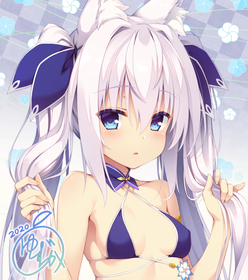 1girl 2020 absurdres animal_ear_fluff animal_ears armlet bikini bikini_top blue_eyes blush breasts bright_pupils criss-cross_halter eyebrows_visible_through_hair flower fox_ears hair_between_eyes hair_ribbon halterneck highres light_purple_hair long_hair looking_at_viewer original parted_lips ribbon small_breasts solo swimsuit twintails upper_body yuzu_modoki