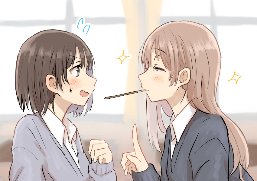 2girls absurdres betock blush brown_hair classroom closed_eyes flying_sweatdrops food highres index_finger_raised long_hair mouth_hold multiple_girls original pocky profile school school_uniform short_hair sweatdrop yuri