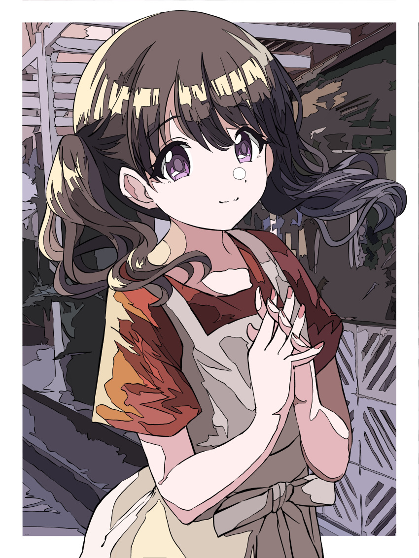 absurdres bangs beige_dress black_hair commentary_request fukumaru_koito hands_clasped highres idolmaster idolmaster_shiny_colors interlocked_fingers looking_at_viewer medium_hair orange_shirt outdoors own_hands_together pink_nails shirt short_sleeves swept_bangs twintails urota_shimapann violet_eyes