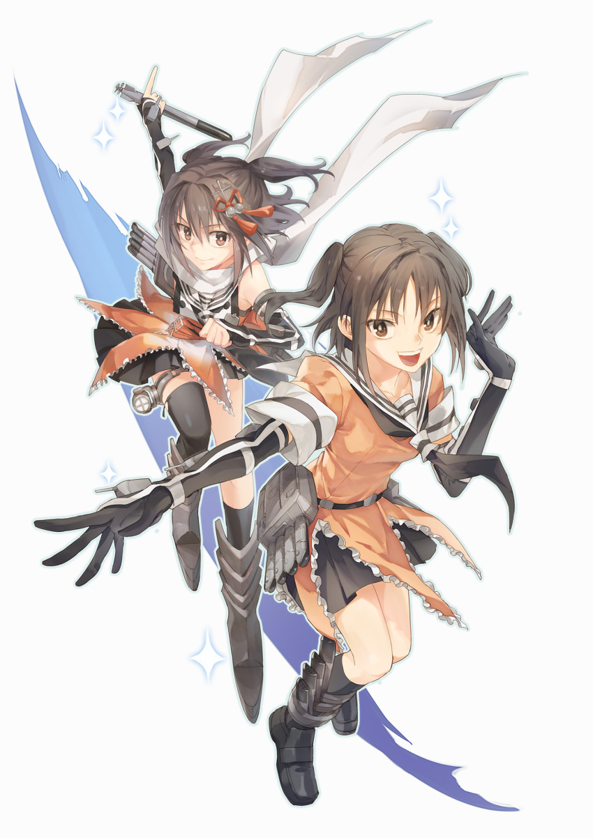 2girls :d armored_boots asymmetrical_legwear bangs black_gloves black_legwear black_skirt boots brown_eyes brown_hair closed_mouth dual_persona elbow_gloves fingerless_gloves gloves hair_ornament highres holding holding_torpedo kantai_collection kneehighs light_smile multiple_girls neckerchief ninja open_mouth orange_shirt outstretched_arms pleated_skirt remodel_(kantai_collection) running scarf school_uniform sendai_(kantai_collection) serafuku shirt short_hair skirt smile sparkle spotlight thigh-highs torpedo torpedo_launcher torpedo_tubes tugo turret two_side_up weapon white_background white_scarf