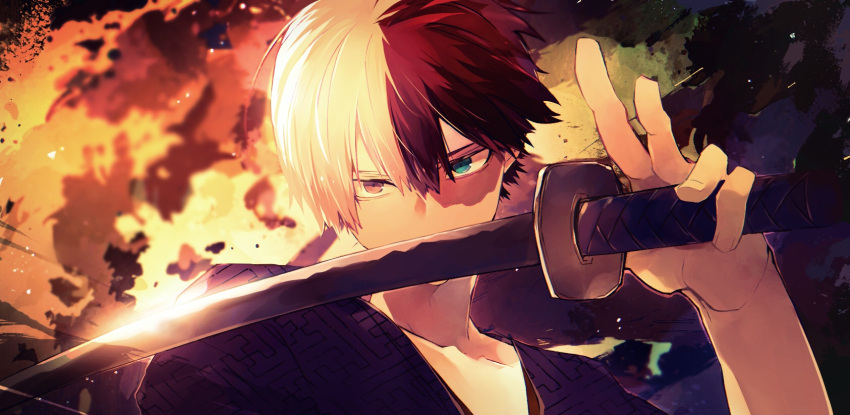 1boy black_kimono blue_eyes boku_no_hero_academia burn_scar collarbone commentary_request covered_mouth grey_eyes hand_up heterochromia highres holding holding_sword holding_weapon japanese_clothes katana kimono looking_at_viewer male_focus multicolored_hair redhead ryo_(piggerworld) scar short_hair solo sword todoroki_shouto two-tone_hair weapon white_hair