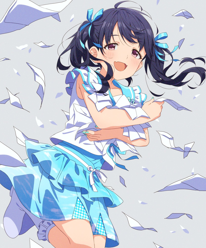 black_hair blouse blue_nails blue_ribbon blue_skirt boots commentary_request envelope fangs fukumaru_koito grey_background hair_ribbon highres idolmaster idolmaster_shiny_colors long_hair looking_at_viewer miniskirt nagami_tami ribbon skin_fangs skirt sleeveless twintails violet_eyes white_blouse white_footwear wind