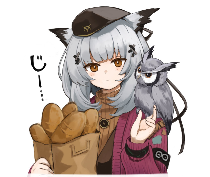 animal animal_on_shoulder arknights armband bag beret bird black_headwear black_ribbon bread brown_eyes brown_sweater clock_necklace commentary expressionless eyebrows_visible_through_hair food freenote_mr grey_hair hair_ornament hand_up hat highres holding holding_bag jacket looking_at_viewer official_alternate_costume owl owl_ears ptilopsis_(arknights) ptilopsis_(serenity)_(arknights) purple_jacket rhine_lab_logo ribbed_sweater ribbon sweater turtleneck turtleneck_sweater upper_body