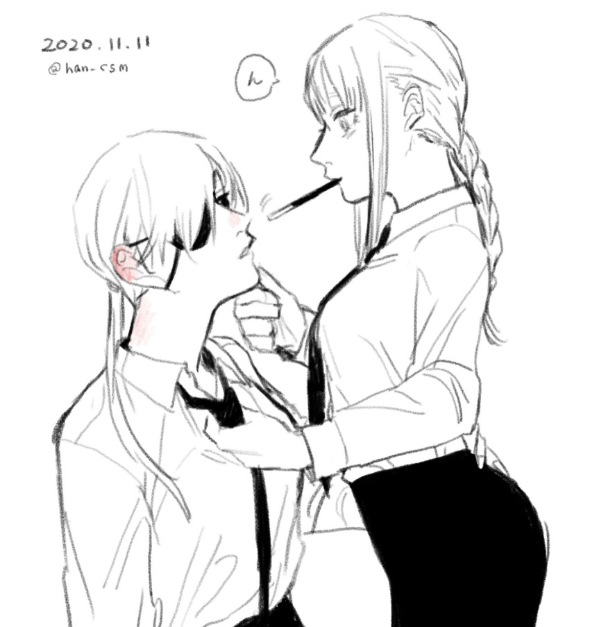 2girls ass_grab black_eyepatch black_eyes black_neckwear black_pants blush braid braided_ponytail breasts business_suit chainsaw_man collared_shirt couple dated ear_blush expressionless food formal han_csm hand_on_another's_ass hand_on_another's_chin hand_on_ass highres incoming_kiss long_hair looking_at_another makima_(chainsaw_man) medium_breasts monochrome multiple_girls neck_blush necktie necktie_grab neckwear_grab nose_blush office_lady pants pocky ponytail quanxi_(chainsaw_man) ringed_eyes romance serious shirt shirt_tucked_in sitting suit white_shirt wife_and_wife yuri