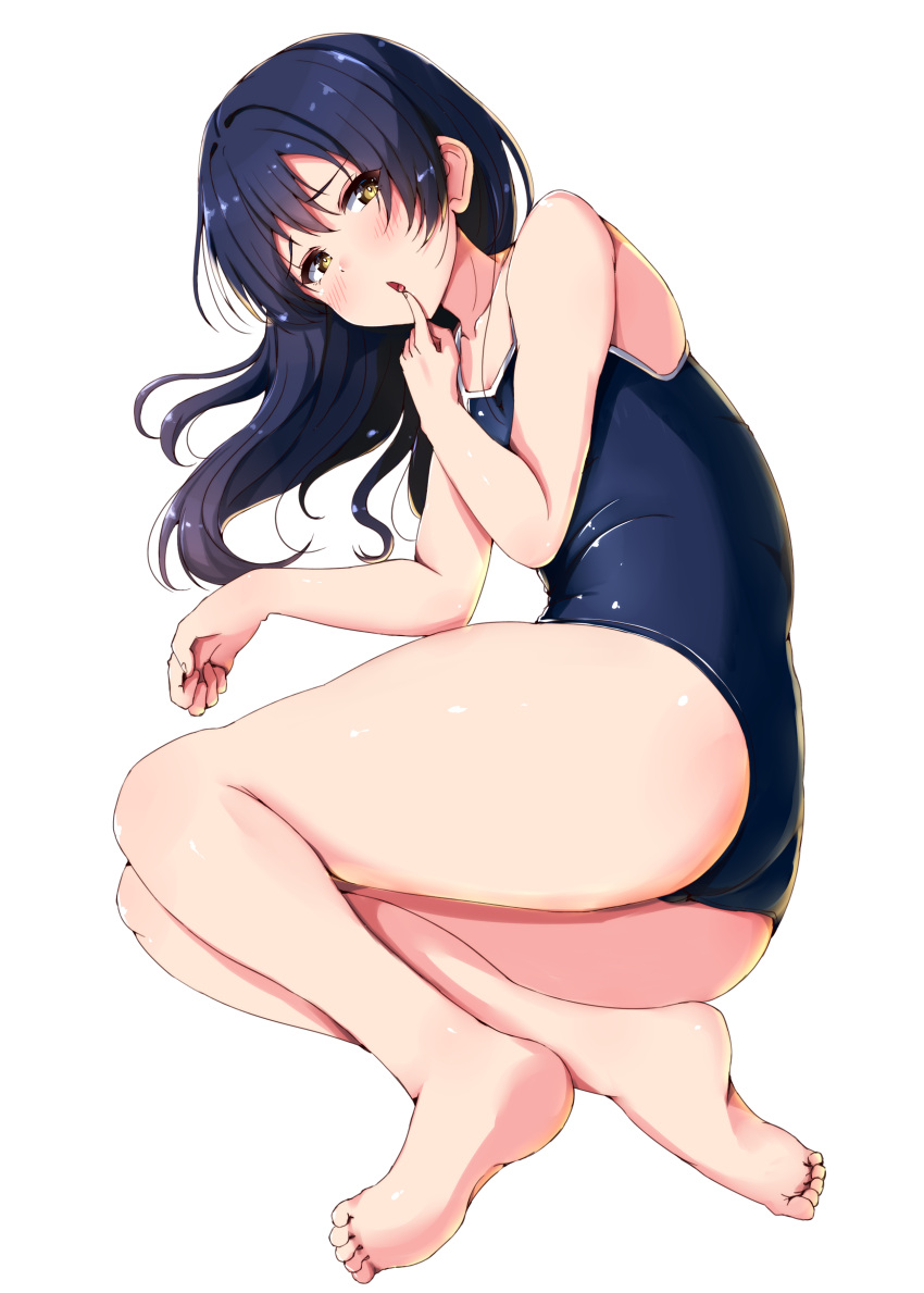 1girl absurdres bangs bare_legs barefoot black_hair black_swimsuit blush collarbone feet finger_to_mouth full_body highres looking_at_viewer love_live! love_live!_school_idol_project lying medium_hair on_side one-piece_swimsuit open_mouth school_swimsuit shinonon_(iso_shino) simple_background soles solo sonoda_umi swimsuit thighs toes white_background yellow_eyes
