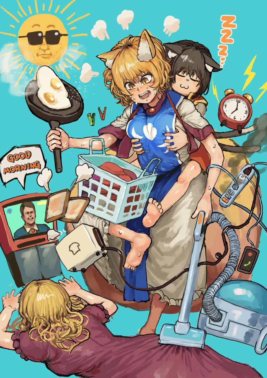 3girls :3 absurdres alarm_clock animal_ear_fluff animal_ears barefoot blonde_hair blue_background blush brooch cable carrying chanta_(ayatakaoisii) chen chest_harness clock closed_eyes clothes_pin dress electric_plug food fox_ears fried_egg frying_pan grabbing grabbing_from_behind groping harness highres hug jewelry laundry laundry_basket long_dress long_hair lying multiple_girls nekomata on_back on_stomach open_mouth piggyback power_strip puffy_short_sleeves puffy_sleeves red_dress red_vest shirt short_hair short_sleeves simple_background skirt sleeping slit_pupils smile smoke standing standing_on_one_leg sun sunglasses sweat tabard tagme television toast toaster touhou vacuum_cleaner vest white_shirt white_skirt yakumo_ran yakumo_yukari yellow_eyes zzz