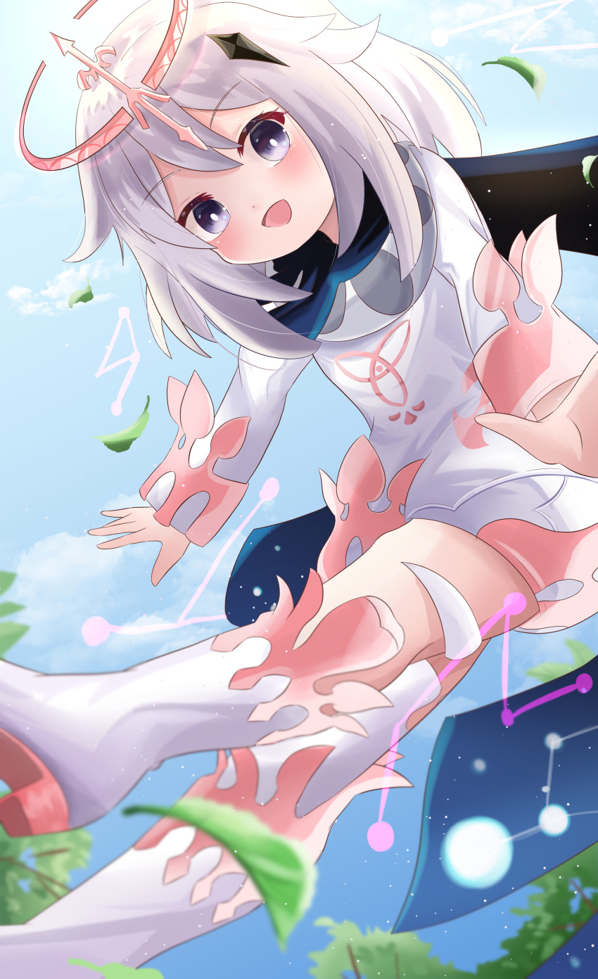 1girl absurdres blush cape commentary dress eyebrows_visible_through_hair from_below genshin_impact halo highres long_hair long_sleeves looking_at_viewer looking_down open_mouth outdoors paimon_(genshin_impact) silver_hair single_thighhigh smile solo thigh-highs violet_eyes white_footwear white_legwear