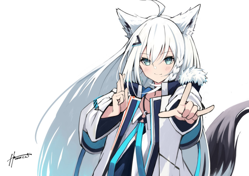 1girl ahoge animal_ears blue_eyes blush breasts closed_mouth coat crossed_fingers dated eyebrows_visible_through_hair fox_ears fox_shadow_puppet fox_tail fur-trimmed_coat fur_trim hair_between_eyes hair_ornament hairclip highres hololive hz_(helu_2) jewelry long_hair looking_at_viewer necklace official_alternate_costume open_clothes open_coat shirakami_fubuki shirt signature simple_background small_breasts smile solo straight_hair tail upper_body virtual_youtuber white_background white_coat white_hair white_shirt