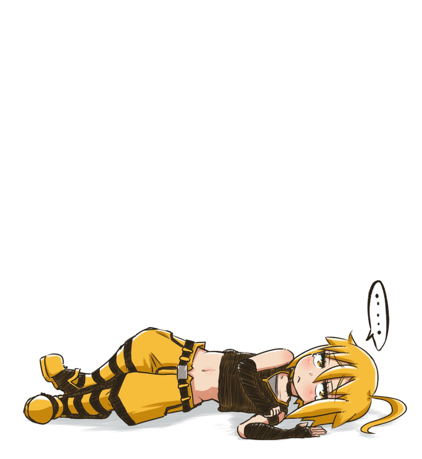 ... 1boy :&lt; akita_nero belt black_shirt blonde_hair blush crop_top full_body furrowed_eyebrows highres looking_at_viewer lying male_focus navel on_side pants ponytail shirt smith_hioka solo speech_bubble spoken_ellipsis striped striped_pants tears vocaloid white_background yellow_eyes yellow_pants