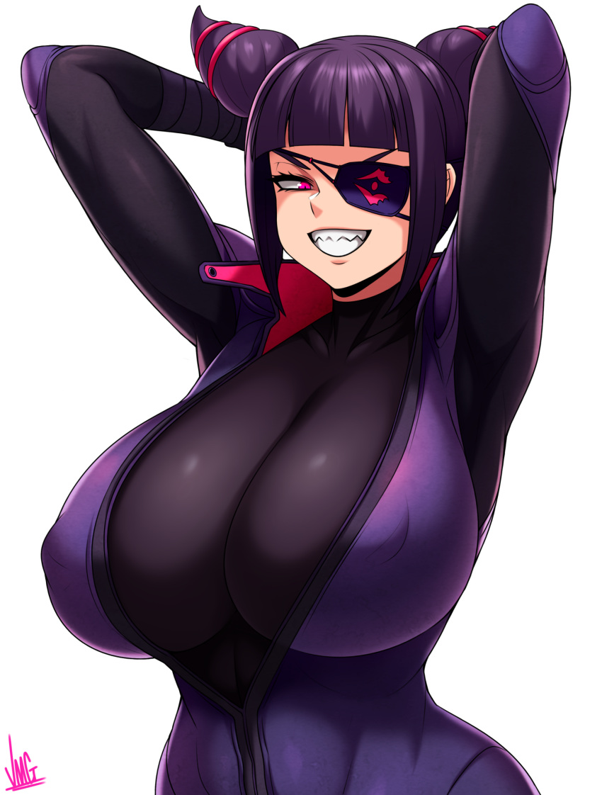 1girl arms_behind_head black_bodysuit bodysuit breasts covered_nipples drill_hair evil_smile eyebrows eyebrows_visible_through_hair eyepatch han_juri highres huge_breasts jmg latex latex_bodysuit looking_at_viewer nipples pink_eyes purple_bodysuit sharp_teeth sidelocks simple_background smile street_fighter street_fighter_v teeth twin_drills upper_body white_background zipper