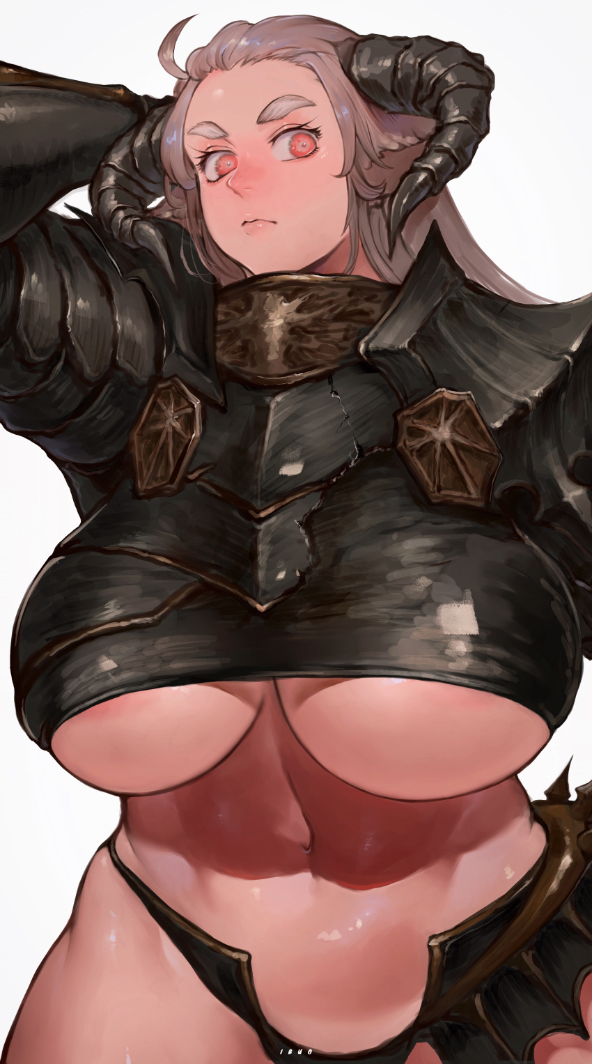 1girl absurdres breasts brown_hair commentary_request highres horns ibuo_(ibukht1015) large_breasts lips long_hair midriff navel original red_eyes signature simple_background skindentation solo thick_eyebrows under_boob