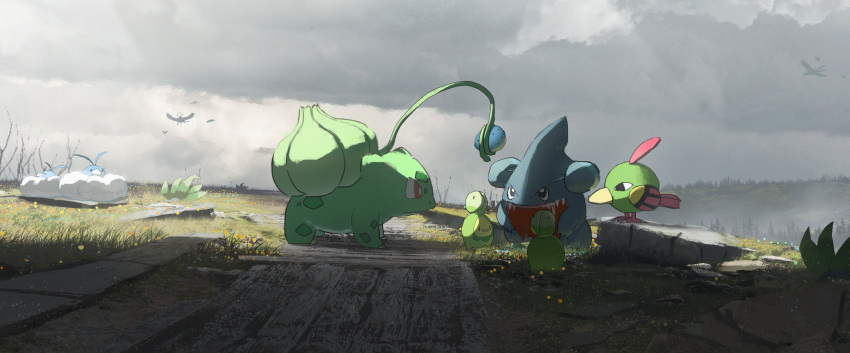 absurdres altaria asteroid_ill budew bulbasaur commentary_request day drooling fangs gen_1_pokemon gen_2_pokemon gen_3_pokemon gen_4_pokemon gible grass highres holding natu no_humans oddish outdoors pokemon pokemon_(creature) red_eyes saliva shade swablu
