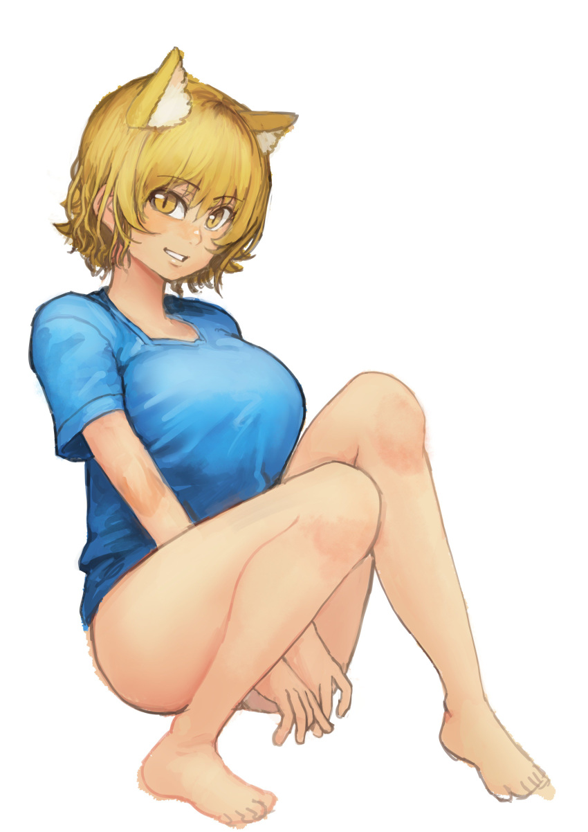 1girl absurdres animal_ears bare_legs barefoot between_legs blonde_hair blue_shirt blush breasts chanta_(ayatakaoisii) fox_ears hand_between_legs highres huge_breasts looking_at_viewer naked_shirt no_tail shirt short_sleeves simple_background sitting slit_pupils smile solo touhou white_background yakumo_ran yellow_eyes