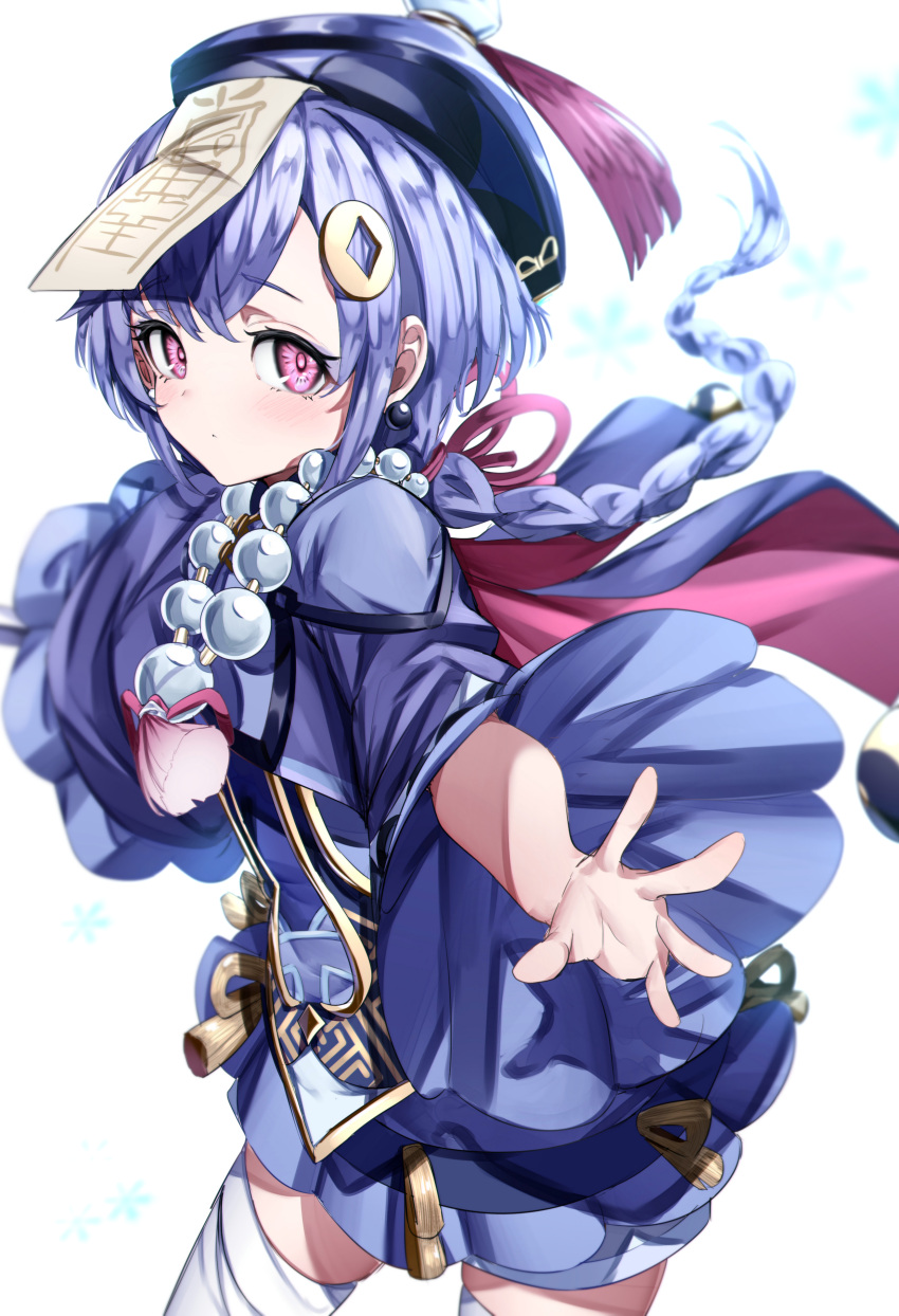 1girl absurdres azarashi_(azrsot) beads blue_hair blurry blush braid braided_ponytail cape closed_mouth commentary_request contrapposto cowboy_shot depth_of_field earrings genshin_impact gold_trim hair_ornament hat highres jewelry jiangshi looking_at_viewer necklace ofuda outstretched_arms pink_eyes qing_guanmao qiqi short_hair simple_background snowflakes solo standing tassel thigh-highs white_background white_legwear wide_sleeves