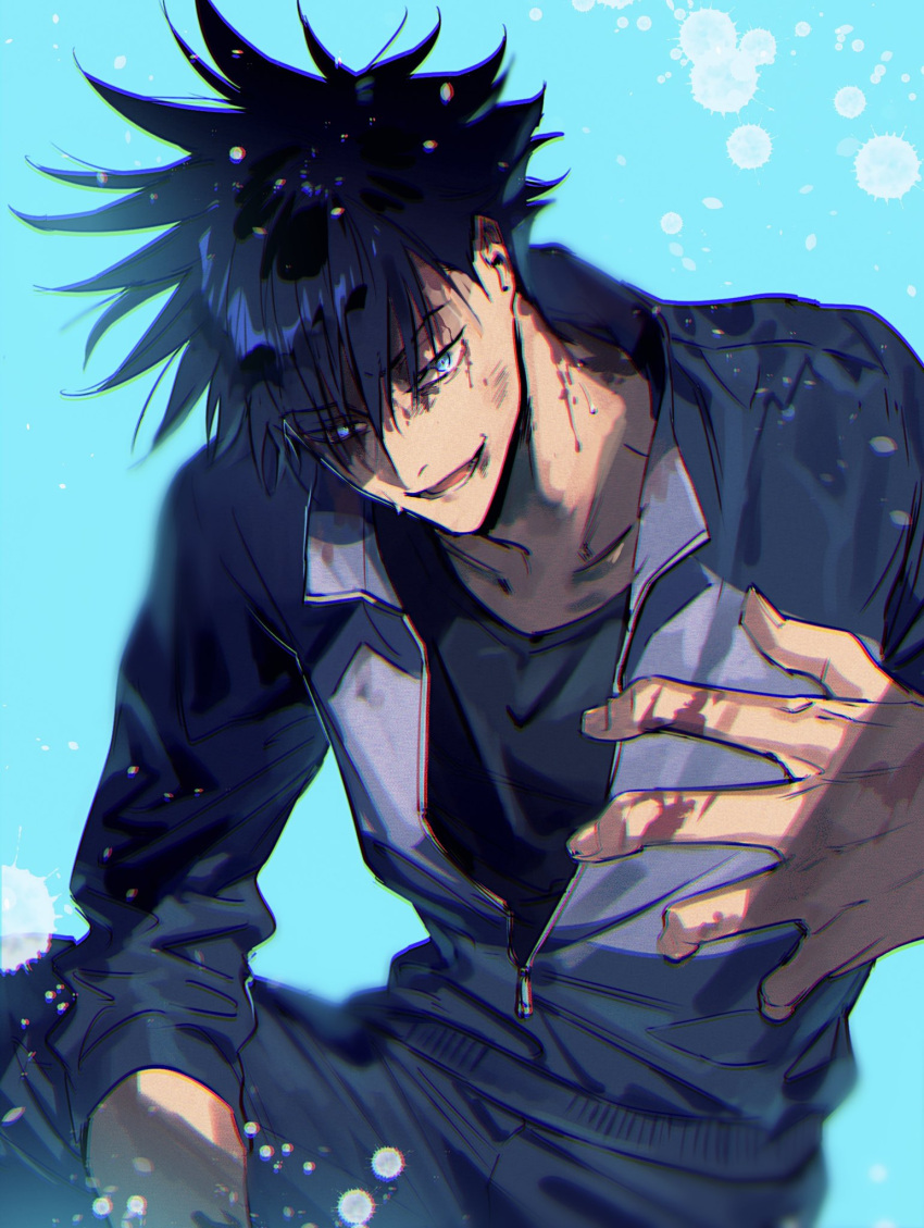 1boy bangs bikkusama black_hair black_jacket black_pants black_shirt blood blood_on_face bloody_hands blue_background blue_eyes collarbone cowboy_shot eyebrows_visible_through_hair eyes_visible_through_hair fushiguro_megumi hair_between_eyes hand_up highres jacket jujutsu_kaisen long_sleeves looking_at_viewer male_focus open_mouth paint_splatter pants shirt short_hair simple_background smile solo spiky_hair tsurime