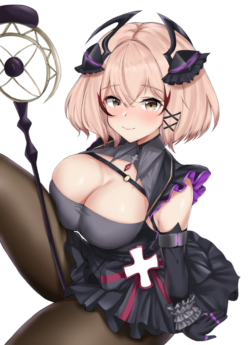 1girl absurdres azur_lane bangs black_dress black_gloves breasts brown_legwear cleavage_cutout clothing_cutout crossed_bangs dress elbow_gloves eyebrows_visible_through_hair frilled_dress frills gloves hamu_(yuni0349) headgear highres holding holding_microphone_stand large_breasts light_brown_eyes light_brown_hair looking_at_viewer microphone_stand multicolored_hair pantyhose redhead roon_(azur_lane) roon_(muse)_(azur_lane) ruby_(gemstone) short_dress short_hair simple_background solo streaked_hair two-tone_hair white_background