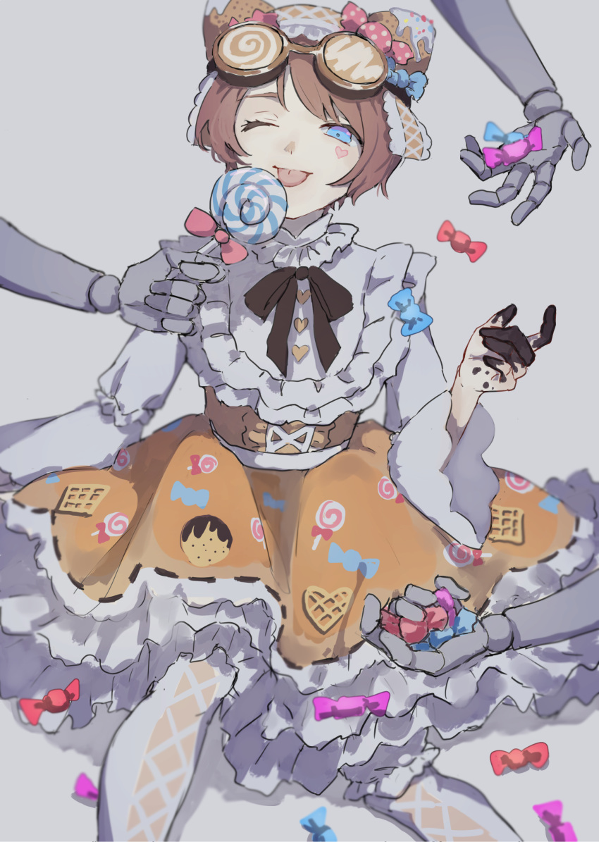 1girl blue_eyes brown_hair brown_neckwear candy doll_joints dress food frilled_dress frills goggles goggles_on_head gumegume hat highres identity_v joints layered_dress licking lolita_fashion lollipop long_sleeves looking_at_viewer neck_ribbon one_eye_closed pantyhose puffy_dress puffy_long_sleeves puffy_sleeves puppet ribbon short_hair simple_background sitting smile solo swirl_lollipop tongue tongue_out tracy_reznik