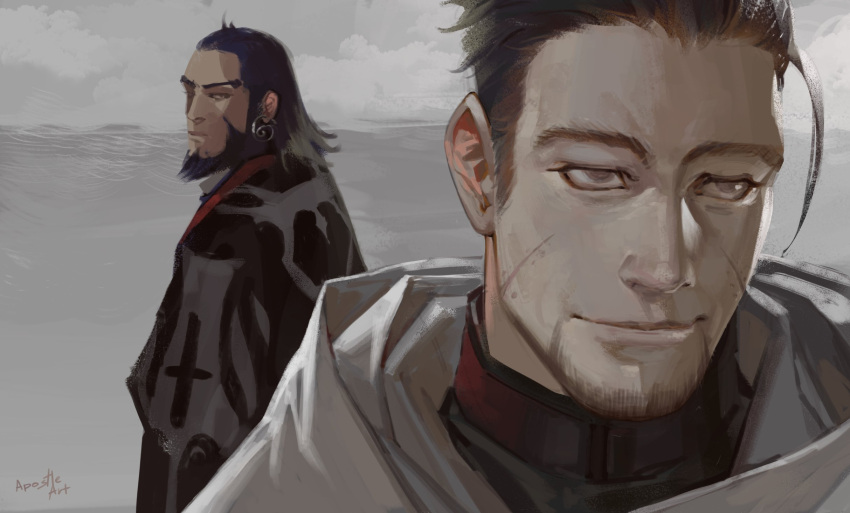 2boys ainu ainu_clothes apostle2408 beard black_hair cloak earrings facial_hair goatee golden_kamuy hair_slicked_back hair_strand highres imperial_japanese_army jewelry kiroranke male_focus military military_uniform multiple_boys ogata_hyakunosuke scar scar_on_cheek scar_on_face short_hair sideburns undercut uniform