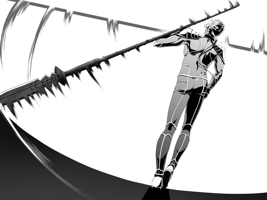 1boy armor ass bodysuit cu_chulainn_(fate)_(all) earrings fate/stay_night fate_(series) from_behind full_body gae_bolg hand_on_hip highres holding holding_polearm holding_weapon jewelry lancer long_hair male_focus monochrome motion_lines outin pauldrons polearm ponytail shoulder_armor skin_tight solo spiky_hair standing swinging type-moon weapon