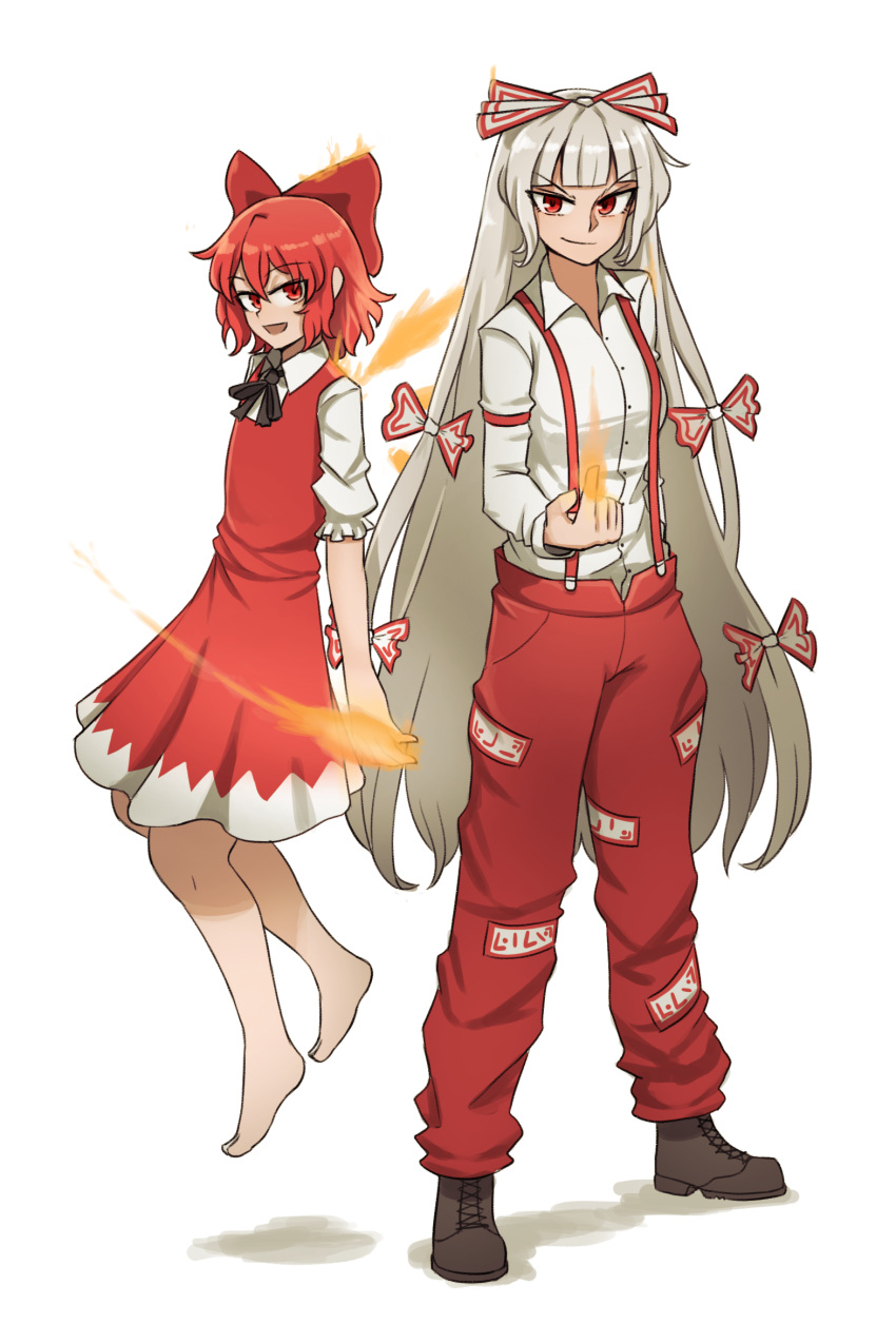 2girls achi_cirno alternate_color bangs barefoot black_neckwear black_ribbon bow brown_footwear cirno closed_eyes collared_shirt dress eyebrows_visible_through_hair fairy fairy_wings fiery_wings fire floating fujiwara_no_mokou full_body grey_hair hair_bow highres long_hair long_sleeves looking_at_viewer mata_(matasoup) multicolored_bow multiple_bows multiple_girls ofuda_on_clothes open_mouth pants pyrokinesis red_bow red_dress red_eyes red_pants redhead ribbon shirt short_hair short_sleeves simple_background smile standing suspenders touhou v-shaped_eyebrows white_background white_bow white_shirt wings