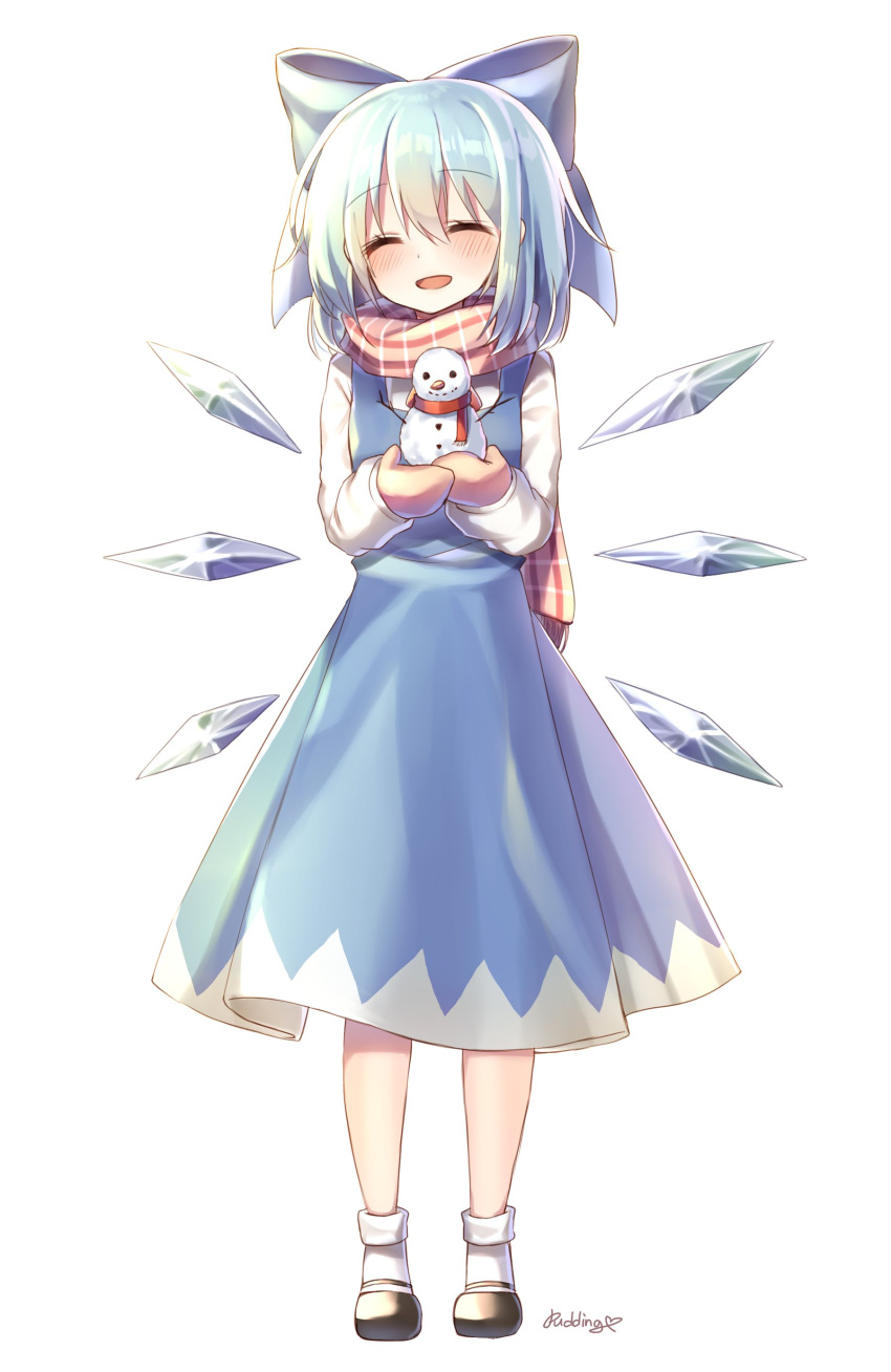 1girl absurdres artist_name bangs black_footwear blue_bow blue_dress blue_hair blush bow cirno closed_eyes commentary dress eyebrows_visible_through_hair facing_viewer full_body gloves hair_between_eyes hair_bow highres ice ice_wings long_sleeves mary_janes open_mouth pudding_(skymint_028) scarf shoes short_hair simple_background smile snowman socks solo standing touhou white_background wings