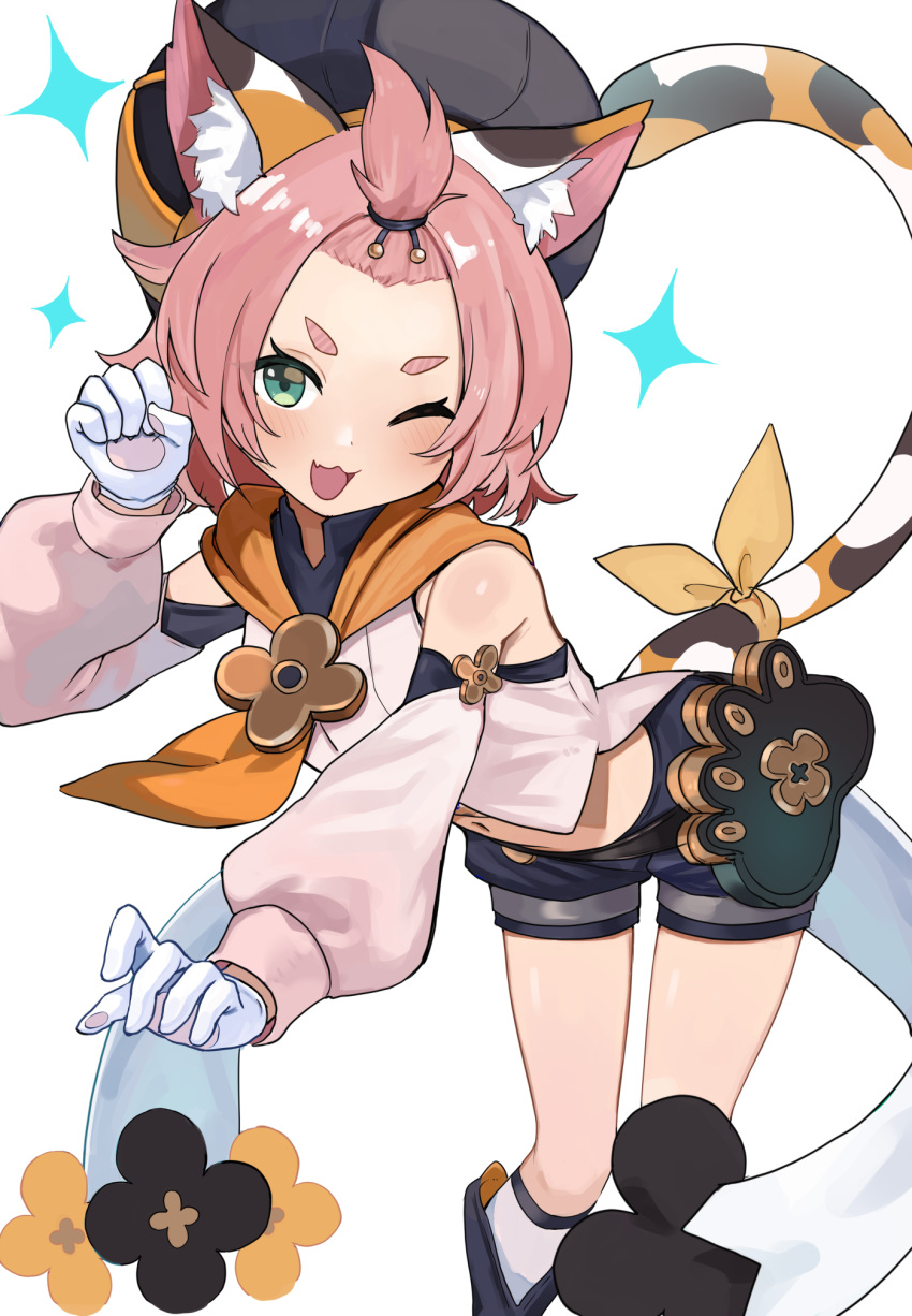 1girl ;d animal_ears bare_shoulders blush cat_ears cat_tail diona_(genshin_impact) fang genshin_impact gloves green_eyes hair_ornament highres long_sleeves looking_at_viewer midriff moutama navel one_eye_closed open_mouth paw_gloves paw_print paws pink_hair short_eyebrows short_hair shorts smile solo tail tied_hair