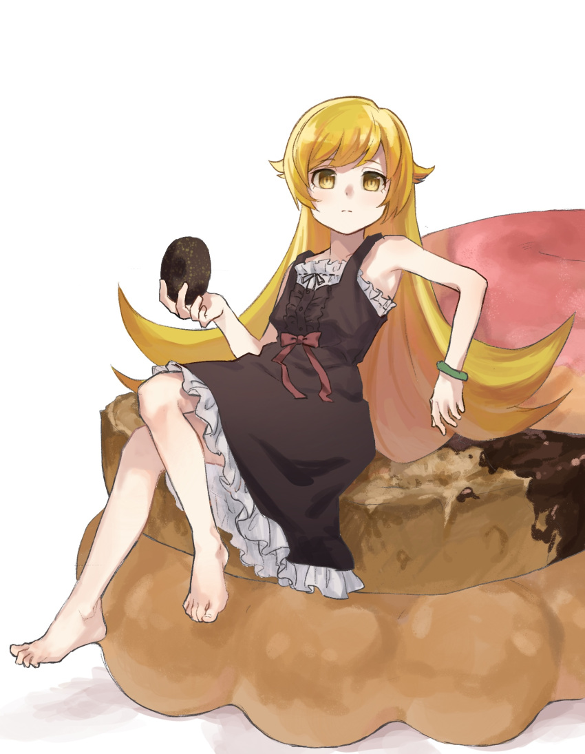 1girl armpits bangs bare_shoulders barefoot black_bow black_dress black_ribbon blonde_hair bow bracelet commentary donabe doughnut dress dress_bow feet food frilled_dress frills full_body green_bracelet highres holding holding_food jewelry light_blush light_frown long_hair looking_at_viewer monogatari_(series) oshino_shinobu oversized_food red_bow red_ribbon ribbon shadow simple_background sitting sitting_on_food sleeveless sleeveless_dress solo swept_bangs toenails toes very_long_hair white_background yellow_eyes