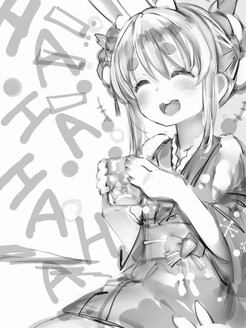 +++ 1girl :d ^_^ animal_ear_fluff animal_ears catchphrase closed_eyes cup double_bun drinking_glass eyebrows_visible_through_hair facing_viewer fingernails fur-trimmed_kimono fur_trim greyscale hands_up highres holding holding_cup hololive japanese_clothes kimono laughing long_sleeves monochrome nanashi_(nlo) obi open_mouth rabbit_ears round_teeth sash short_eyebrows smile solo teeth thick_eyebrows upper_teeth usada_pekora