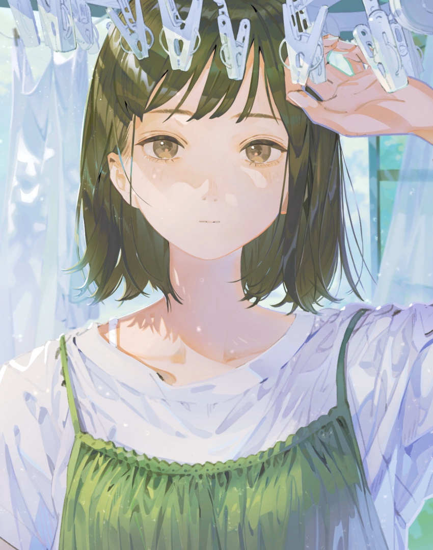 1girl aspara bra_strap collarbone expressionless green_hair grown_eyes hand_up highres laundry laundry_pole light_particles looking_at_viewer portrait short_hait solo window