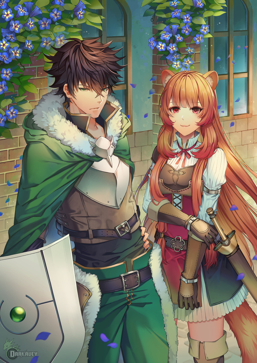 1boy 1girl animal_ear_fluff animal_ears artist_name black_hair boots brick_wall brown_gloves brown_hair cape chest_plate closed_mouth darkavey falling_petals flower gloves green_cape green_eyes highres holding holding_own_arm holding_shield iwatani_naofumi long_hair petals raccoon_ears raccoon_girl raccoon_tail raphtalia sheath shield smile standing sweater sword tail tate_no_yuusha_no_nariagari thigh-highs thigh_boots watermark weapon white_sweater window