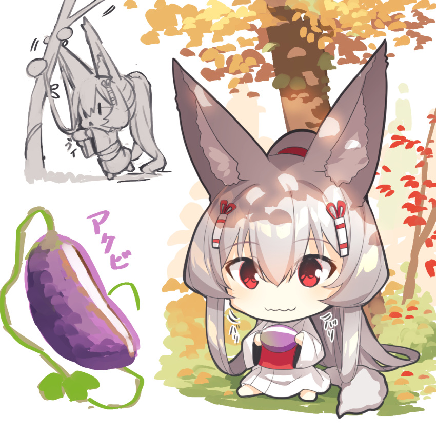 1girl :&lt; absurdly_long_hair animal_ear_fluff animal_ears bangs barefoot chibi closed_mouth commentary_request eyebrows_visible_through_hair food food_request fox_ears fox_girl fox_tail hair_between_eyes hair_rings highres holding holding_food japanese_clothes kimono long_hair long_sleeves multiple_views obi original ponytail red_eyes sash silver_hair sitting standing tail tree very_long_hair wavy_mouth white_background white_kimono wide_sleeves yuuji_(yukimimi) |_|