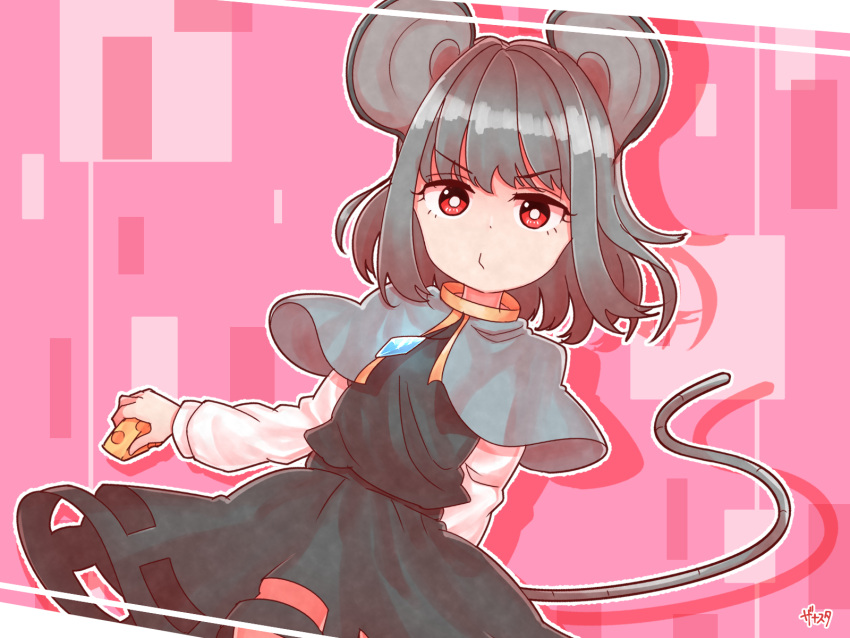 1girl animal_ears arm_behind_back artist_name black_dress bright_pupils capelet cheese clothing_cutout commentary_request cowboy_shot dress dutch_angle eyebrows_visible_through_hair flat_chest food grey_hair highres holding holding_food jewelry long_sleeves looking_at_viewer mouse_ears mouse_tail nazrin pendant pink_background red_eyes short_hair solo standing tail touhou v-shaped_eyebrows zanasta0810