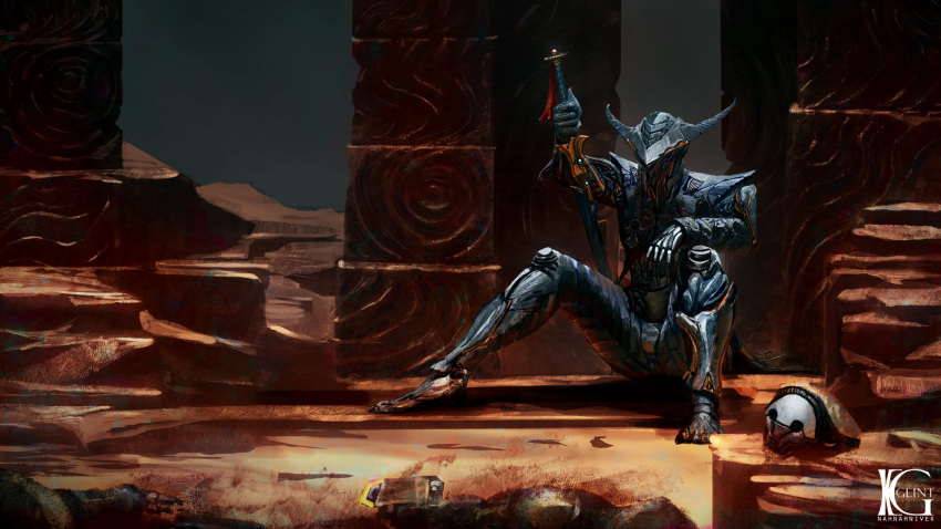 1boy arm_up armor glintastickevin greaves helm helmet highres holding holding_sword holding_weapon male_focus outdoors patterned pauldrons pillar sand shoulder_armor sigina sitting solo sword warframe weapon