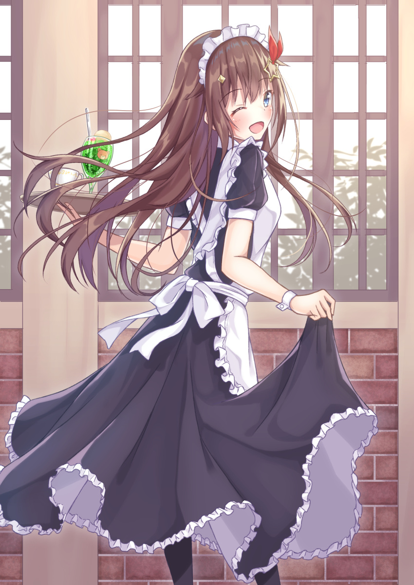 1girl absurdres alternate_costume apron black_dress black_legwear blue_eyes brick_wall brown_hair bush cocktail coffee_cup commentary_request cup disposable_cup dress dress_lift drinking_straw enmaided food fruit hair_ornament highres holding holding_tray hololive indoors kugatsu_tooka lemon lemon_slice long_hair looking_at_viewer maid maid_headdress one_eye_closed open_mouth pantyhose solo star_(symbol) star_hair_ornament tokino_sora tray very_long_hair virtual_youtuber window wrist_cuffs