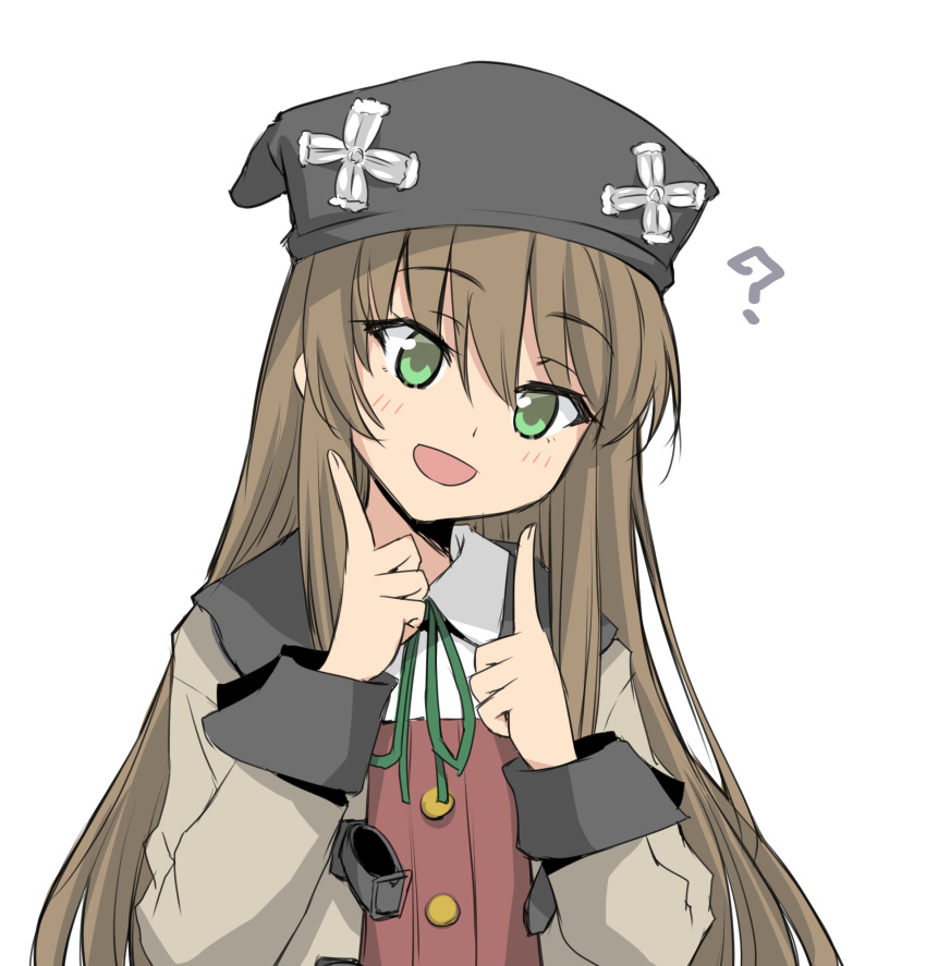1girl ? blush_stickers brown_hair collared_shirt commentary el_mofus_(rance_10) green_eyes hat highres long_hair looking_at_viewer neck_ribbon open_mouth pointing pointing_at_self rance_(series) rance_10 ribbon shirt simple_background smile solo tori_(minamopa) upper_body white_background