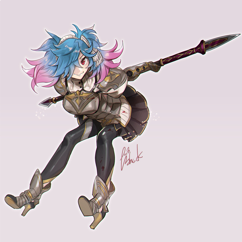 1girl armor armored_boots blue_hair boots fire_emblem fire_emblem_fates fire_emblem_heroes full_body highres holding kab00m_chuck lance looking_at_viewer peri_(fire_emblem) pink_hair polearm red_eyes simple_background skirt smile solo weapon
