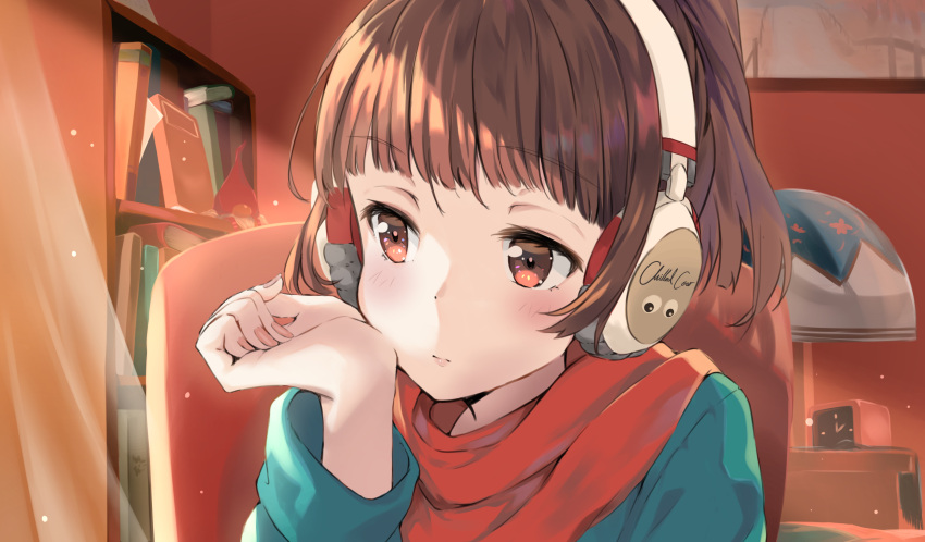 1girl absurdres alarm_clock blue_sweater brown_eyes brown_hair chilledcow_stream_girl clock closed_mouth curtains dot_nose fingernails hand_up headphones highres indoors light_particles lofi_hip_hop_radio_-_beats_to_relax/study_to long_sleeves looking_to_the_side nail_polish pink_nails ponytail red_scarf scarf solo sweater timo_wei95