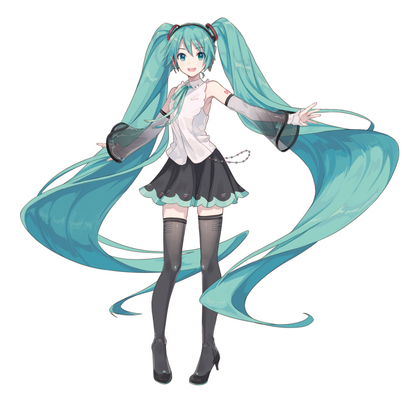 1girl absurdly_long_hair aqua_eyes aqua_hair aqua_nails aqua_neckwear bare_shoulders black_legwear black_skirt commentary detached_sleeves full_body hair_ornament hatsune_miku hatsune_miku_(nt) headphones high_heels ixima long_hair looking_at_viewer miniskirt nail_polish neck_ribbon official_art open_mouth outstretched_arms piano_print piapro pleated_skirt ribbon see-through_legwear see-through_sleeves shirt shoulder_tattoo skirt sleeveless sleeveless_shirt smile solo standing tattoo thigh-highs twintails very_long_hair vocaloid white_shirt white_sleeves zettai_ryouiki