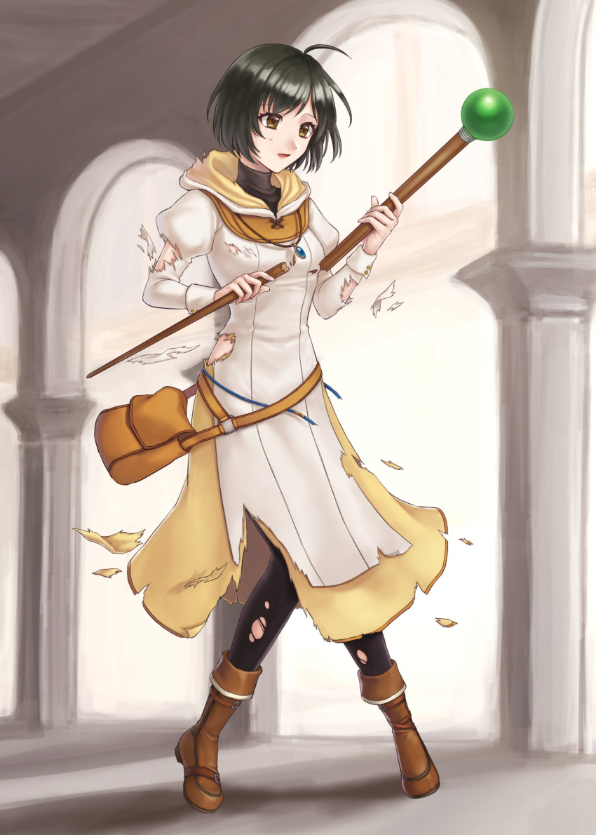 1girl black_hair boots breasts broken broken_weapon brown_eyes commission fire_emblem fire_emblem:_radiant_dawn full_body hazuki_(nyorosuke) highres holding holding_weapon indoors laura_(fire_emblem) medium_breasts open_mouth pantyhose short_hair skeb_commission staff torn_clothes torn_legwear weapon